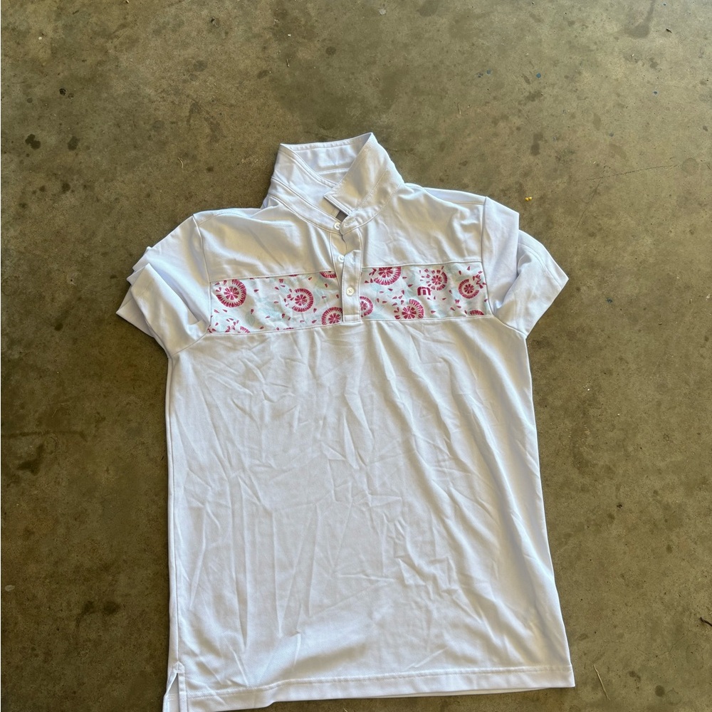 Travis Mathew white with pink fruits, Polo Shirt for golf. Worn Once.